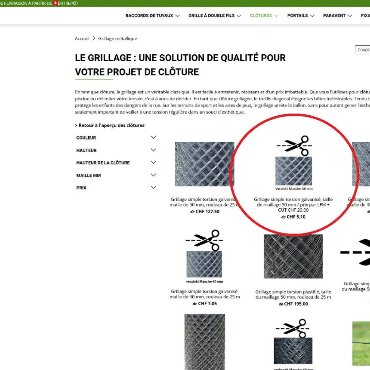 Grillage simple torsion galvanisé, taille de maillage 50 mm / prix par LFM + CUT CHF 20.00