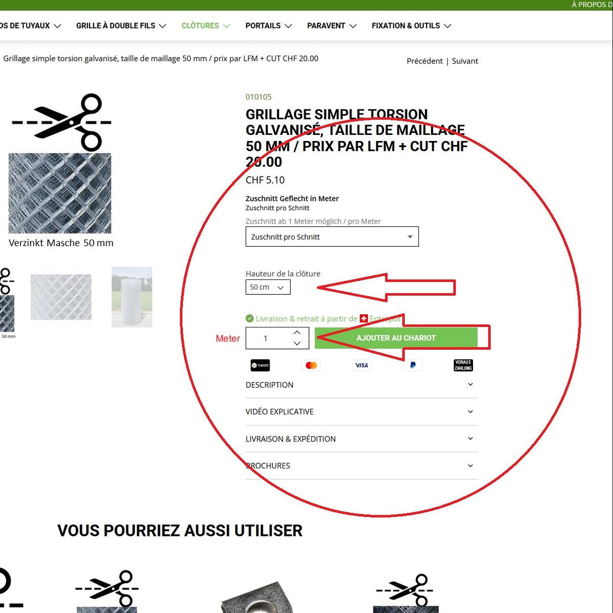 Grillage simple torsion galvanisé, taille de maillage 50 mm / prix par LFM + CUT CHF 20.00