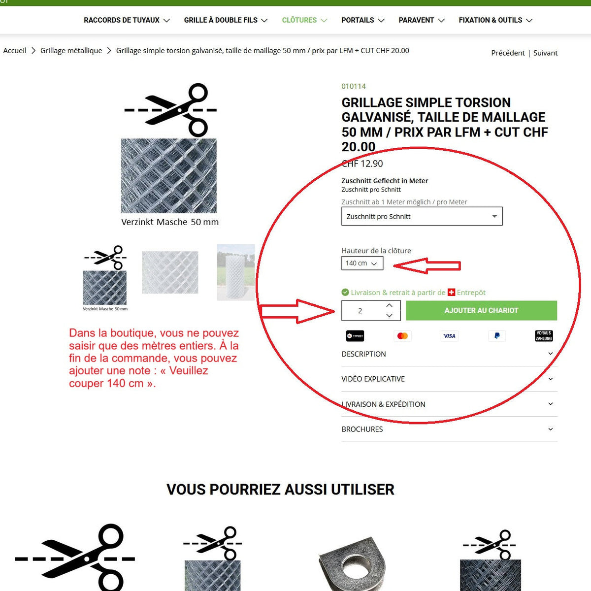 Grillage simple torsion galvanisé, taille de maillage 50 mm / prix par LFM + CUT CHF 20.00