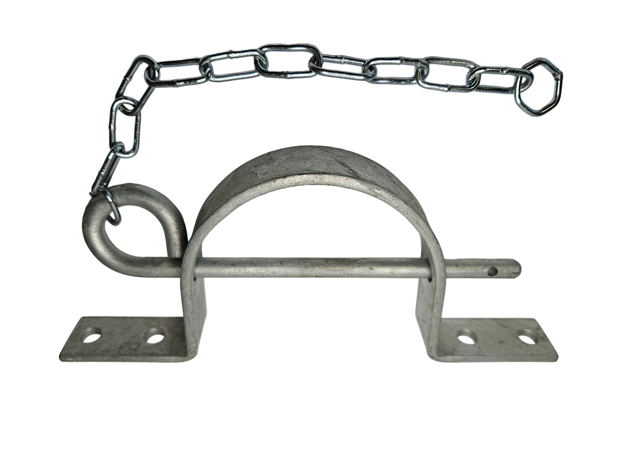 Durchschubbügel für Rundhölzer bis Ø 12 cm, sieht aus wie ein Omega. Dazu ein Stift mit Kette, alles feuerverzinkt